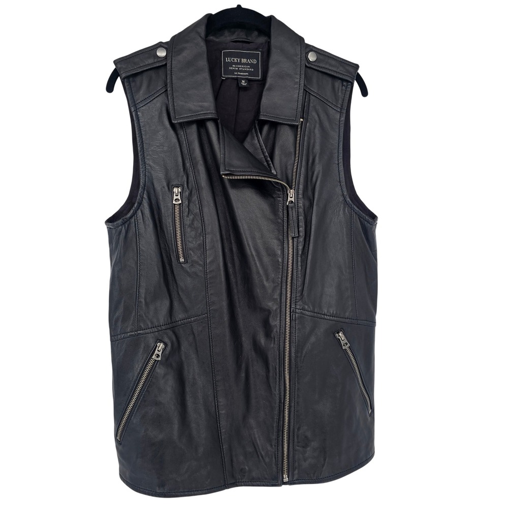 Lucky Brand Lamb Leather Moto Vest M‎ Asymmetrical Zip Epaulets Edgy Chic Baddie